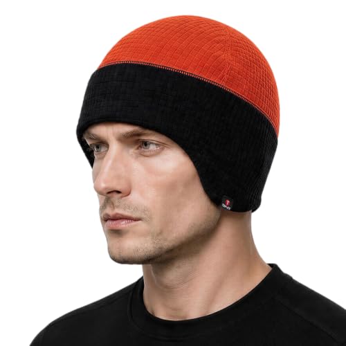 TOP-EX Waterproof Ear Flap Beanie for Men, Polartec Fleece Lined - color: Black & Orange, size: Medium-Large