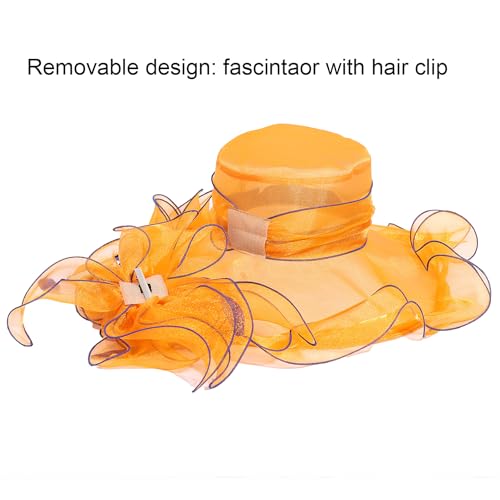 Women Oganza Sun Hat Church Wide Brim Wedding Formal Fascinator Hat - color: Orange