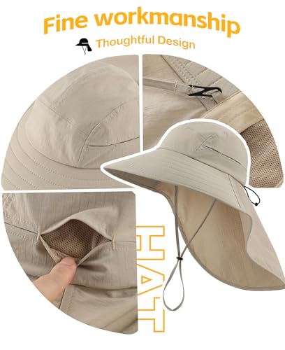 Home Prefer UPF 80+ Sun Hat for Men Women Wide Brim Sun Hat with Neck Flap Summer Beach UV Protection Gardening Fishing Hat - color: Khaki