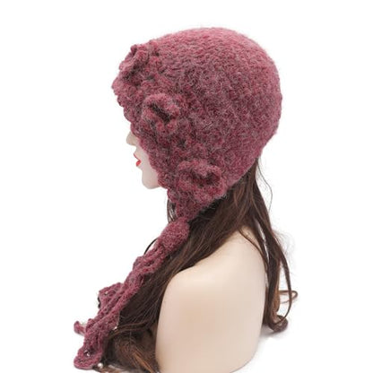 ZLYC Women Winter Crochet Knit Floral Beanie Hat - color: Tassels Raspberry, size: One Size