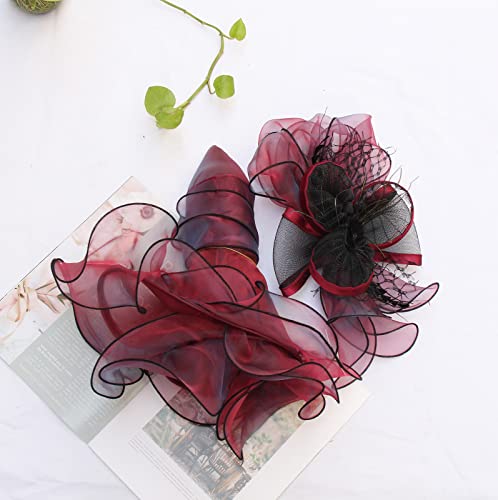 Women Derby Church Organza Flower Wedding Tea Party Fascinator Wide Brim Sun Hat - color: G3-wine With Black Edge