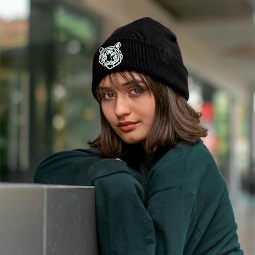 Black Beanie Hat for Men Women Embroidered Knit Winter Beanies Cap - color: Tiger