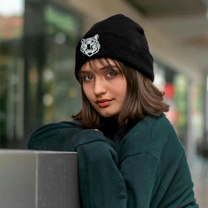 Black Beanie Hat for Men Women Embroidered Knit Winter Beanies Cap - color: Tiger