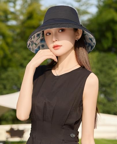 HUAMULAN Women Wide Brim Reversible Sun Hat Summer Beach Fishing Bucket - color: Black Floral