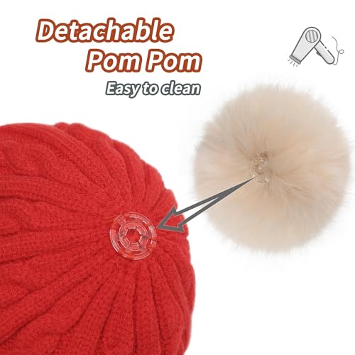 ZLYC Kids Girls Boy Winter Hat Cotton Lined Pom Pom Beanie Earflap Knit Cap - color: Solid Red