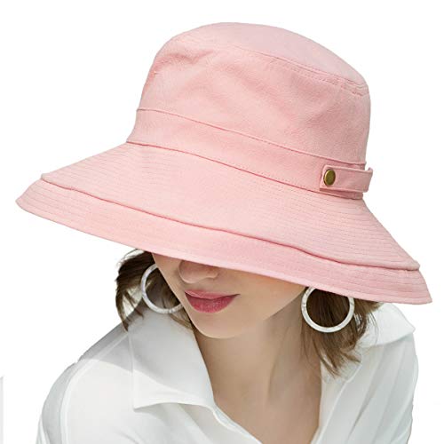 Womens Cotton Wide Brim Sun Hats UPF50+ UV Packable Beach Hat Summer Bucket Cap for Travel - color: Button Decoration-pink
