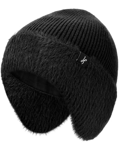 HAMUNI Winter Fleece-Lined Beanie with Earflaps, Warm Windproof Unisex Beanie Hat for Skiing, Hiking & Outdoor Winter Sports - color: Pitch Black
