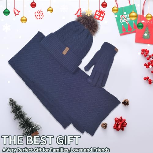 Winter Hat Scarf Gloves Set for Women, Classic Cable Beanie with Removable Pom Pom Long Scarf Touchscreen Gloves 3 in 1 Set - color: Navy Blue