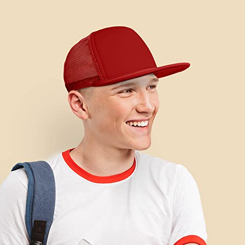 DALIX Flat Billed Trucker Hat Mesh Back S M L Adjustable Cap Solid Two Toned Snapback - color: Red, size: One Size