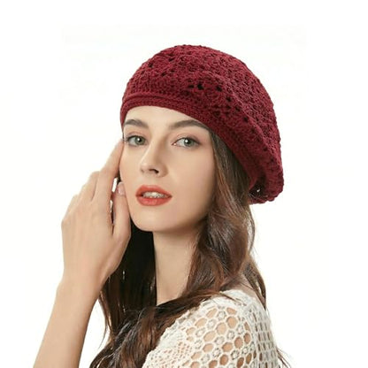 ZLYC Women Cotton Slouchy Crochet Beret Handmade Cutout Floral Beanie Hat - color: Crocheted Red