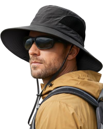 Sun Hats for Men Women UV Sun Protection Waterproof Wide Brim Bucket Hat - color: Black