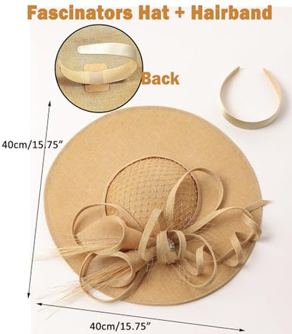 Unpifolov Fascinators Hats Elegant Women Flower Mesh Feathers Wedding Cocktail Bride Headband for Derby Hat Tea Party - color: Khaki