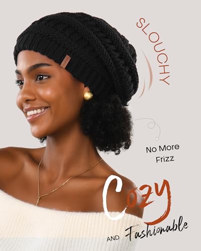 FURTALK Womens Satin Lined Knit Beanie Slouchy Winter Hat Soft Warm Cap - color: Black