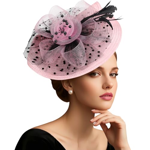 DRESHOW Fascinators Hat Flower Mesh Feathers Hat with a Headband and a Clip 7.9" Tea Party Headwear for Women - color: Folded Style 2: Pink & Black / 7.9"