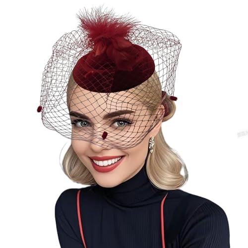 Fascinator Hats for Women Tea Party Veil Feather Fancy Pillbox Hat 20s 50s - color: Wine Red