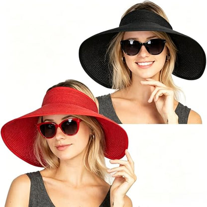 Sun Visor Hats Summer Wide Brim Clip on Beach Adjustable Large Brim Cap Golf Hat for Women - color: Black+red
