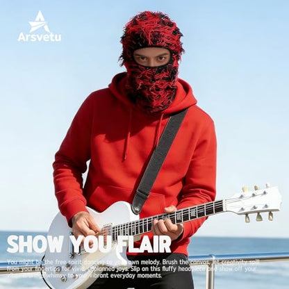 Distressed Ski Mask Balaclava, Yeat Shiesty Knitted Full-Face Mask - color: Redblack
