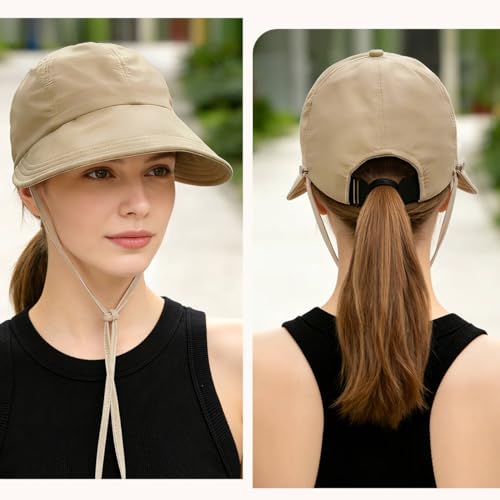 YAMEIZE Womens Bucket Sun Hat Packable Wide Brim Ponytail Beach Hat with Windproof Strap Sun Protection UPF50+ - color: Beige