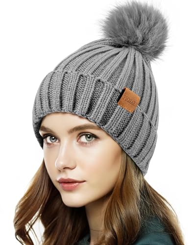 Womens Winter Beanie Hat Fleece Lined Warm Skull Cap with Faux Fur Pom Cuff Knitted Hat for Women - color: Grey