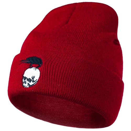 Gothic Skull Beanie Hats for Men Women, Skeleton Cuffed Winter Hat for Goth Gifts, Indoor and Outdoor Outfit Matching - color: 03.red/Crow