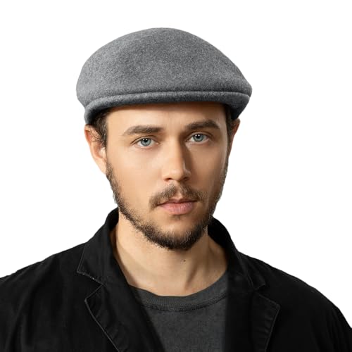 Wool Blend Mens Newsboy Caps, Classic Flat Cap Ivy Cabbie Gatsby Hat Winter Beret Hat for Men - color: Grey