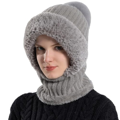 HUAMULAN Women Winter Knit Beanie Hats One Piece Fleece Lined Balaclavas - color: Gray + Faux Fur