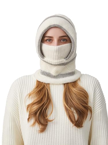 HUAMULAN Women Winter Knit Beanie Hats One Piece Fleece Lined Balaclavas - color: Cream White + Gray Stripe