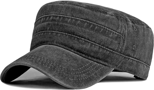 Cadet Army Cap Washed Military Army Hat Vintage Flat Top Hat for Women Men - color: Black