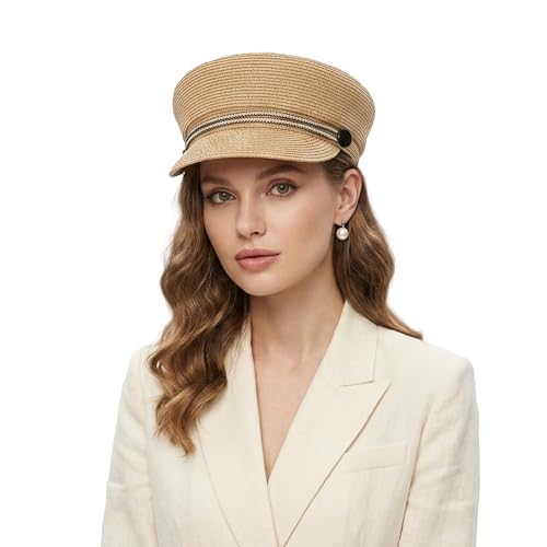 Women's Polyester Straw Newsboy Cap, Gatsby Ivy Style Visor Beach Hat, Adjustable - color: Mixed Camel