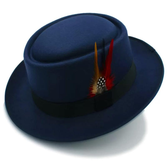 Classic Pork Pie Hat with Feathers Flat Top Fedora, Vintage Panama Hats, Warm Comfortable Jazz Cap - color: Dark Blue