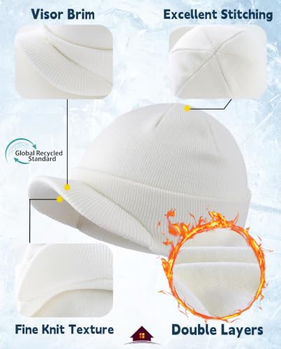 Home Prefer Men's Winter Beanie Hat with Brim Warm Double Knit Cuff Beanie Cap Watch Radar Hat - color: White