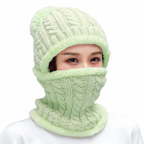 HUAMULAN Women Winter Knit Beanie Hats One Piece Fleece Lined Balaclavas - color: Light Green