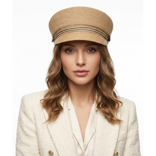 Women's Polyester Straw Newsboy Cap, Gatsby Ivy Style Visor Beach Hat, Adjustable - color: Mixed Camel