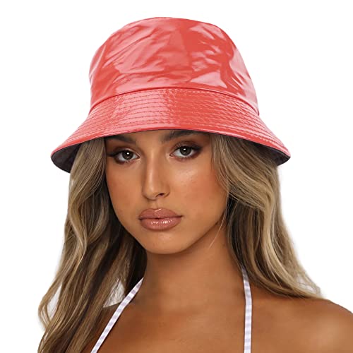 Reversible PU Leather Bucket Hats for Women Solid Color Double Wear Summer Hat Unisex - color: Pale Red