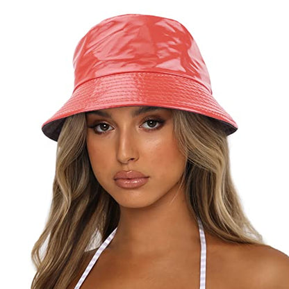 Reversible PU Leather Bucket Hats for Women Solid Color Double Wear Summer Hat Unisex - color: Pale Red