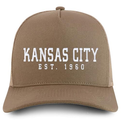 Trendy Apparel Shop KansasCity Est.1960 Embroidered 5 Panel Snapback Trucker Cap - color: Khaki