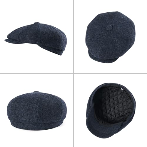 FEINION Men 8 Panel Herringbone Wool Newsboy Cap - color: Herringbone Navy, size: 7 1/8