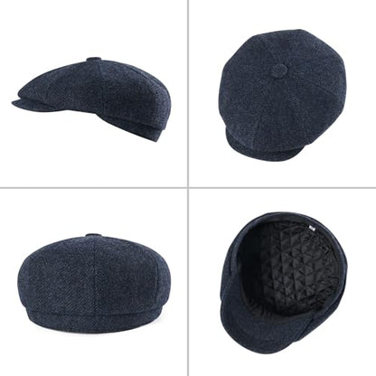 FEINION Men 8 Panel Herringbone Wool Newsboy Cap - color: Herringbone Navy, size: 7 3/8