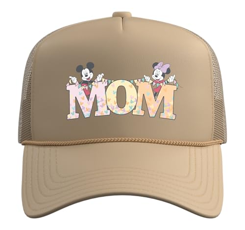 Disney Mom Mickey & Minnie Pastel Letters Family Disney Trip Trucker Hat with Adjustable Mesh Back - color: Khaki