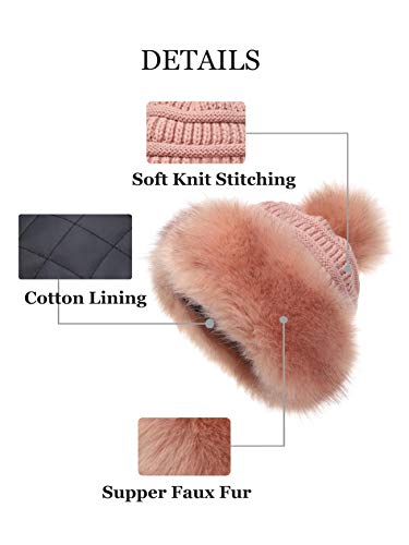 Soul Young Women's Faux Fur Hat Russian Cossack Knit Pompom Hat Ski Snow Cap for Winter Outdoor - color: Pink