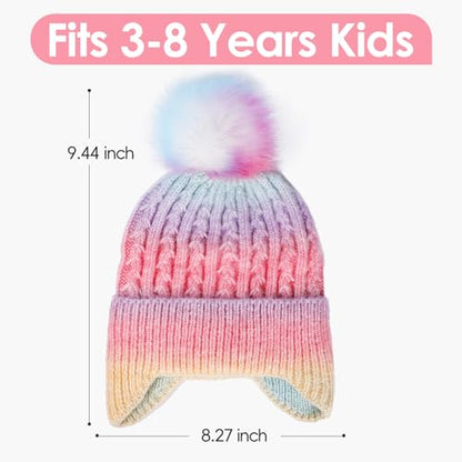 Toddler Earflap Beanie Hat with Rainbow Pom for Little Girls Knitted Beanies Kids Winter Skiing Caps Age 3-8 - color: Rainbow 02