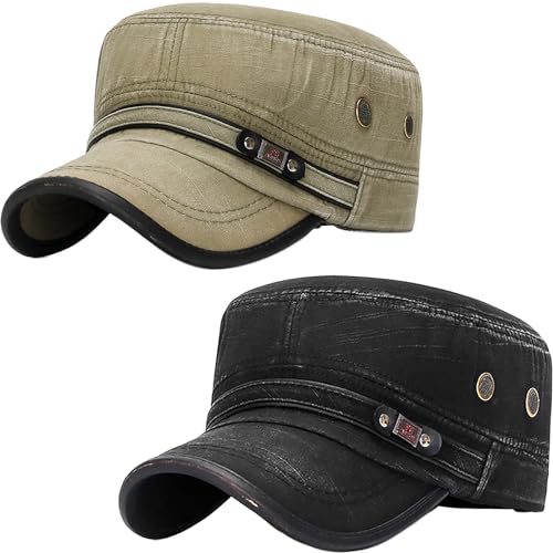 Cadet Army Hat 2 Pieces Flat Top Cap Unisex Military Hat for Women Men - color: Black E + Army Green E