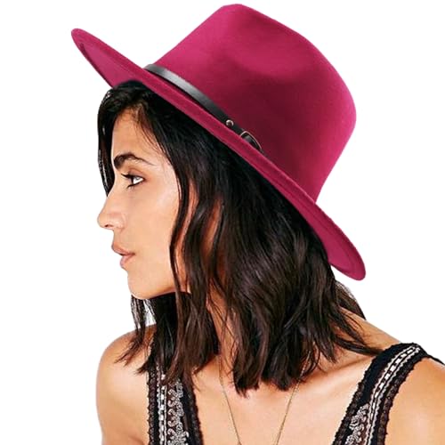DRESHOW Women Classic Felt Fedora Wide Brim Floppy with Belt Buckle Panama Hat - color: 1 Pack: Felt Fedora Hot Pink