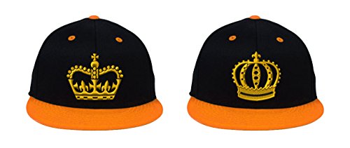 King & Queen Crowns, Perfect Couple, Fine Finished Embroidery (2 Snapback Hats) - color: Black-orange Brim