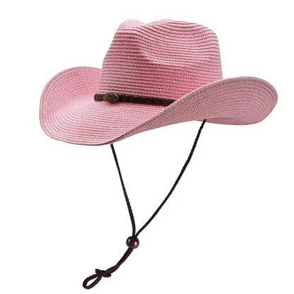 Straw Cowgirl Hat for Women Cowboy Hats for Men Wide Brim Sun Hat Shapeable Western Hat Beach Hat - color: Pink