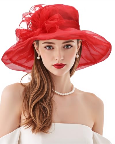Century Star Kentucky-Derby hat Fascinator Hats for Women 2026 Floral Tea Party Bridal Church Wedding Headwear - color: Red