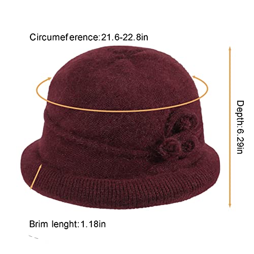 Women Winter Knit 1920s Vintage Bucket Bowler Hat Round Brim Warm Hat - color: 1dark Red