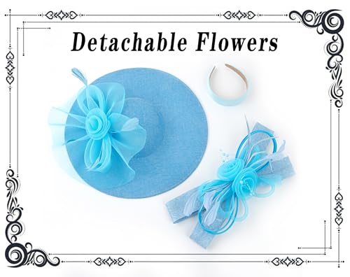 dressfan Wide Brim Fascinator Derby Hats for Women,20s Detachable Flower Hat with Headband for Derby Church Wedding Tea Party - color: Blue