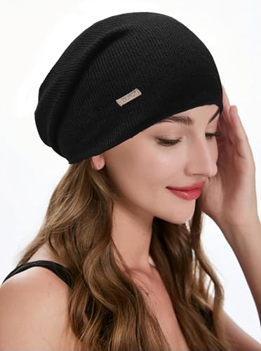 ZLYC Women Slouchy Beanie Hat Summer Knit Chemo Headwear - color: Solid Black