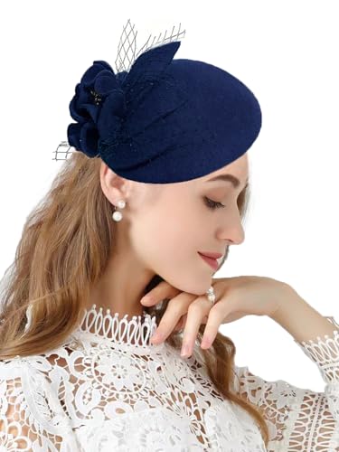 ORIDOOR British Style Pillbox Hat Women Church Wedding Winter Vintage Fascinator Beret 100% Wool Felt Hat with Veil - color: 03a-navy Blue